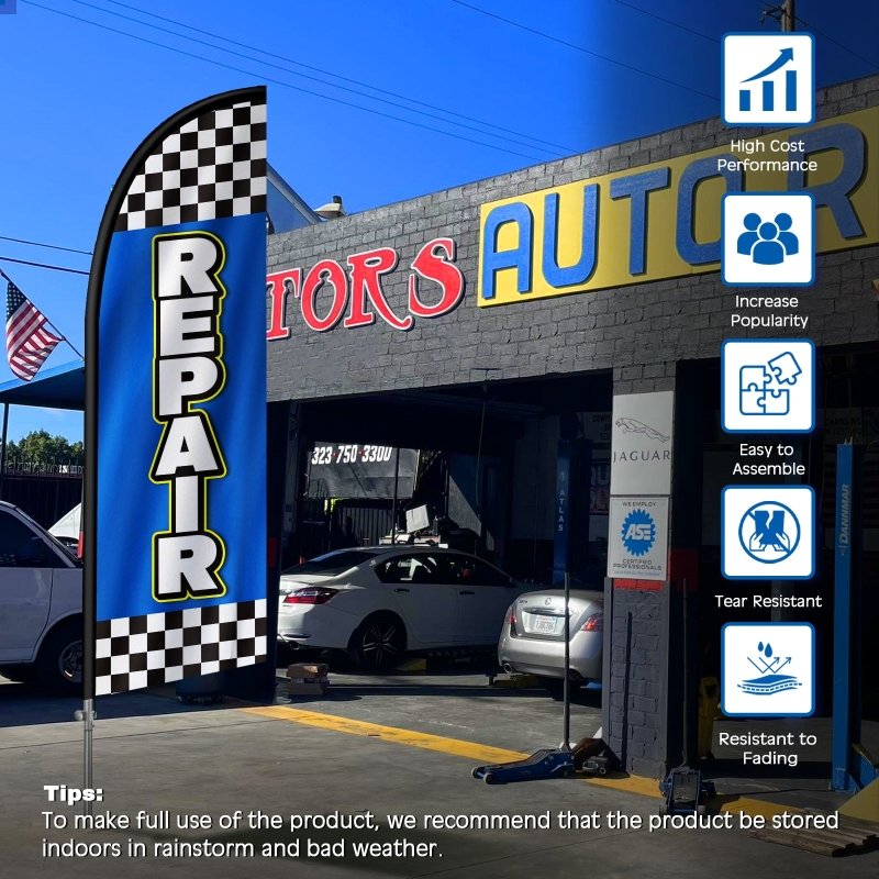 Auto Repair Signs - 8FT Auto Repair Blue Feather Flag with Stainless Steel Pole Kit(2m flag set)