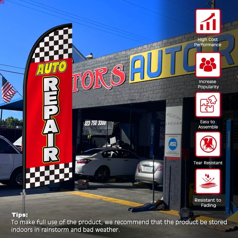 Auto Repair Signs - 8FT Auto Repair Red Feather Flag with Stainless Steel Pole Kit(2m flag set)