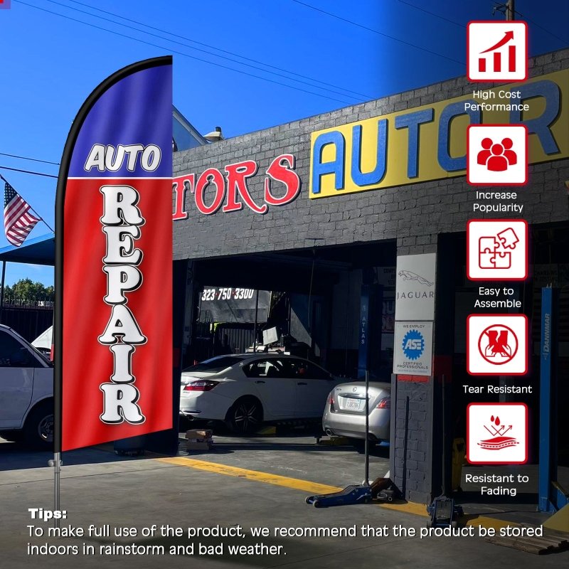Auto Repair Signs - 8FT Auto Repair Red&Blue Feather Flag with Stainless Steel Pole Kit(2m flag set)