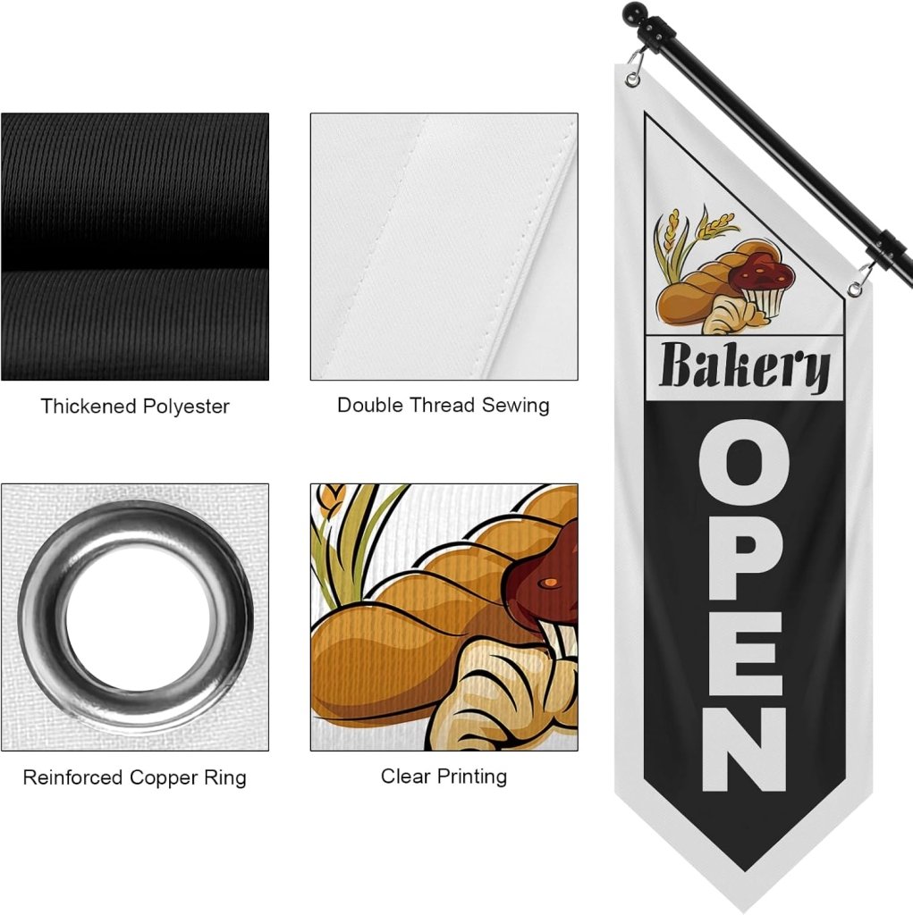 Bakery Open Flag, Double - Sided Three - ply Hanging Open Sign with Pole and Mounting Kit（Black - B）