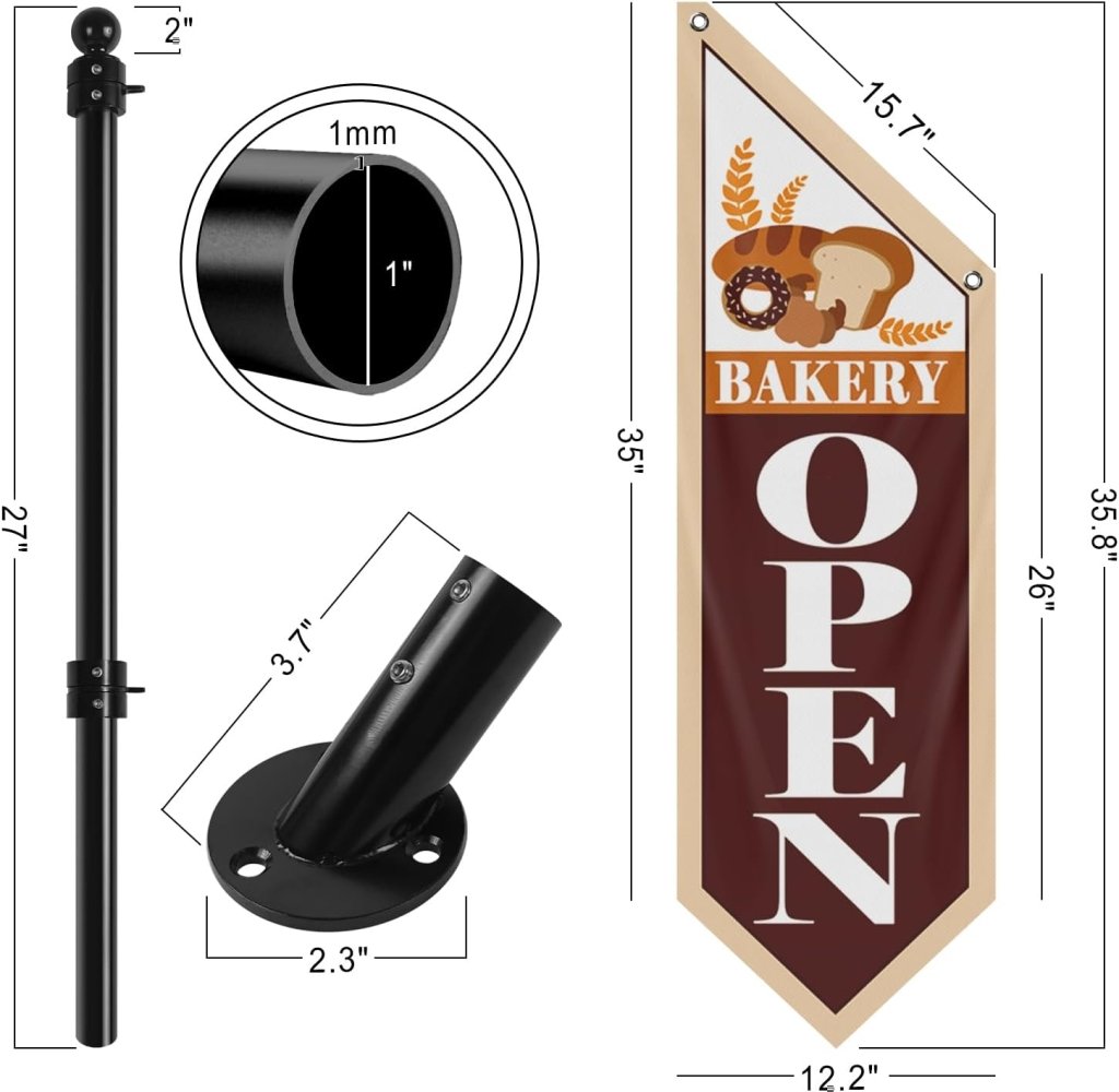 Bakery Open Flag, Double - Sided Three - ply Hanging Open Sign with Pole and Mounting Kit（Black - B）
