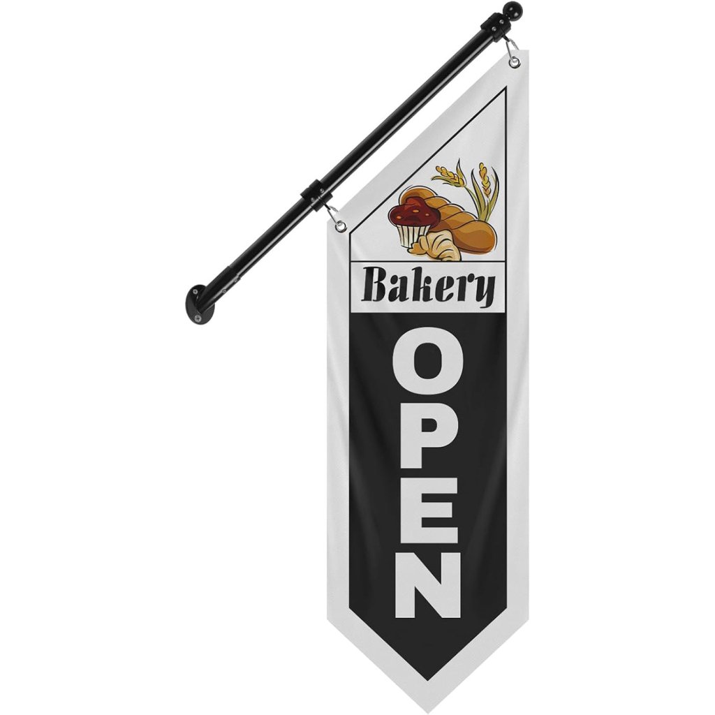Bakery Open Flag, Double - Sided Three - ply Hanging Open Sign with Pole and Mounting Kit（Black - B）