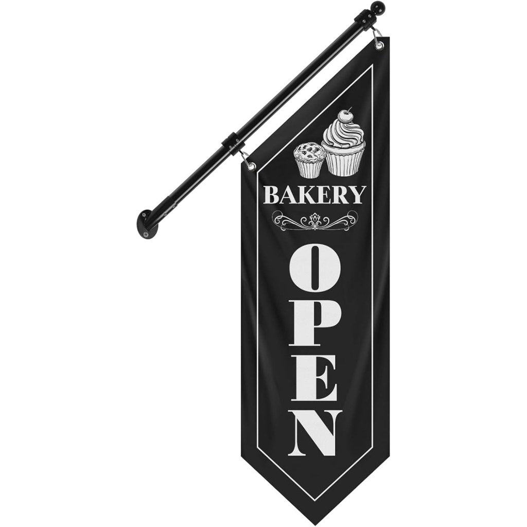 Bakery Open Flag, Double - Sided Three - ply Hanging Open Sign with Pole and Mounting Kit（Black - B）