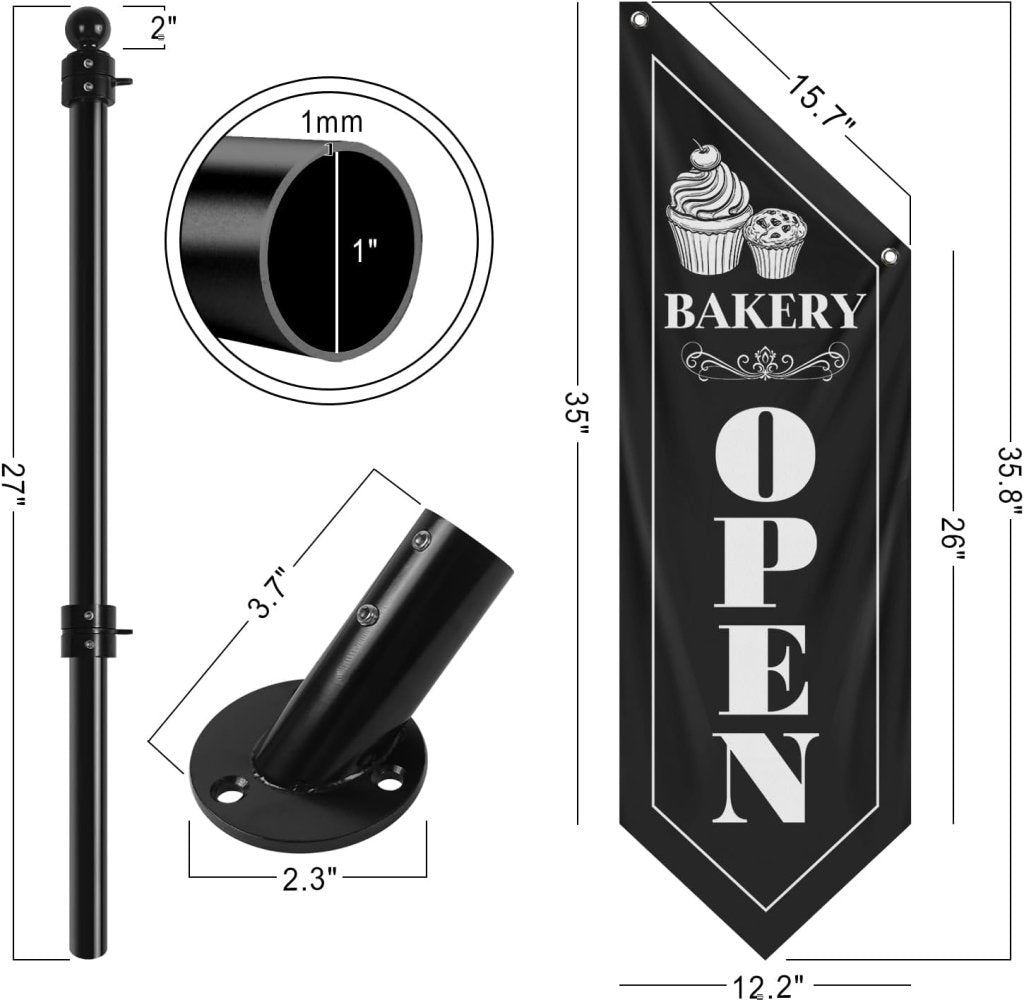 Bakery Open Flag, Double - Sided Three - ply Hanging Open Sign with Pole and Mounting Kit（Black - B）