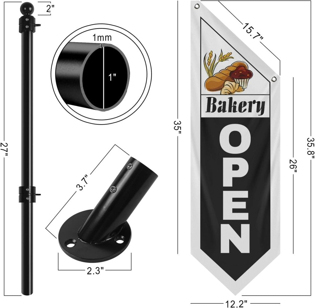 Bakery Open Flag, Double - Sided Three - ply Hanging Open Sign with Pole and Mounting Kit（Black - B）