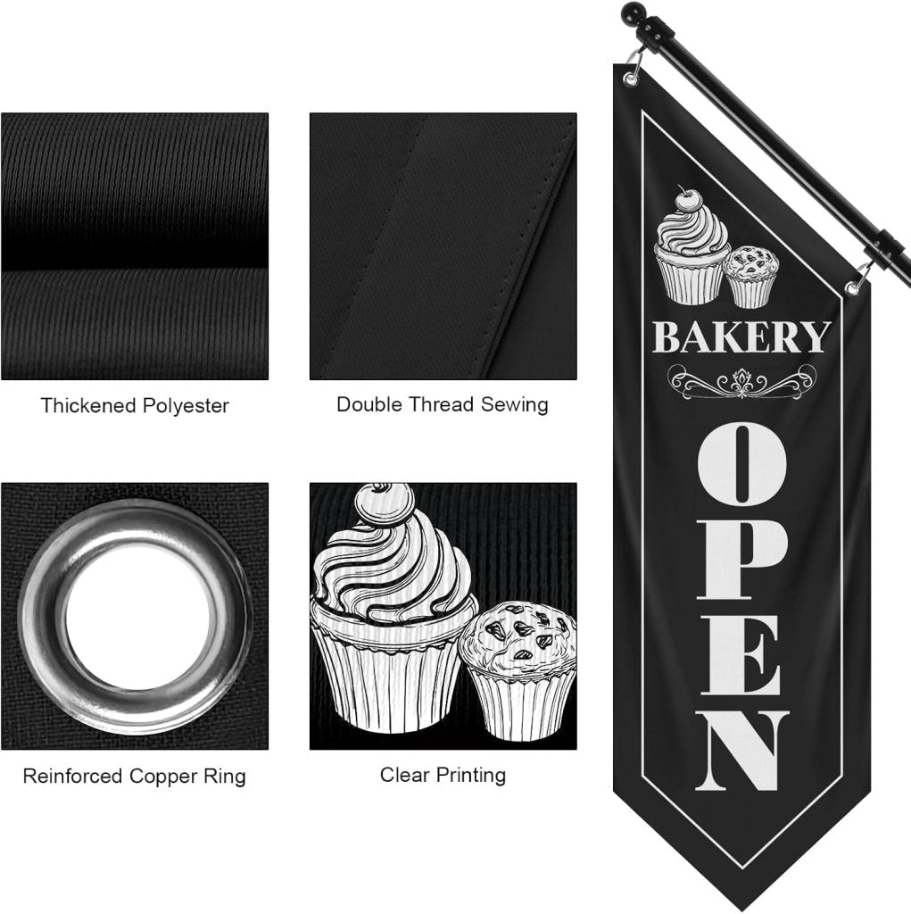 Bakery Open Flag, Double - Sided Three - ply Hanging Open Sign with Pole and Mounting Kit（Black - B）