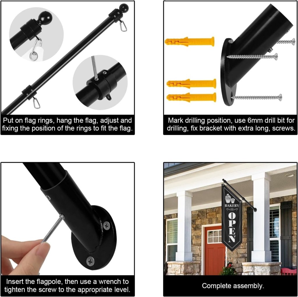 Bakery Open Flag, Double - Sided Three - ply Hanging Open Sign with Pole and Mounting Kit（Black - B）