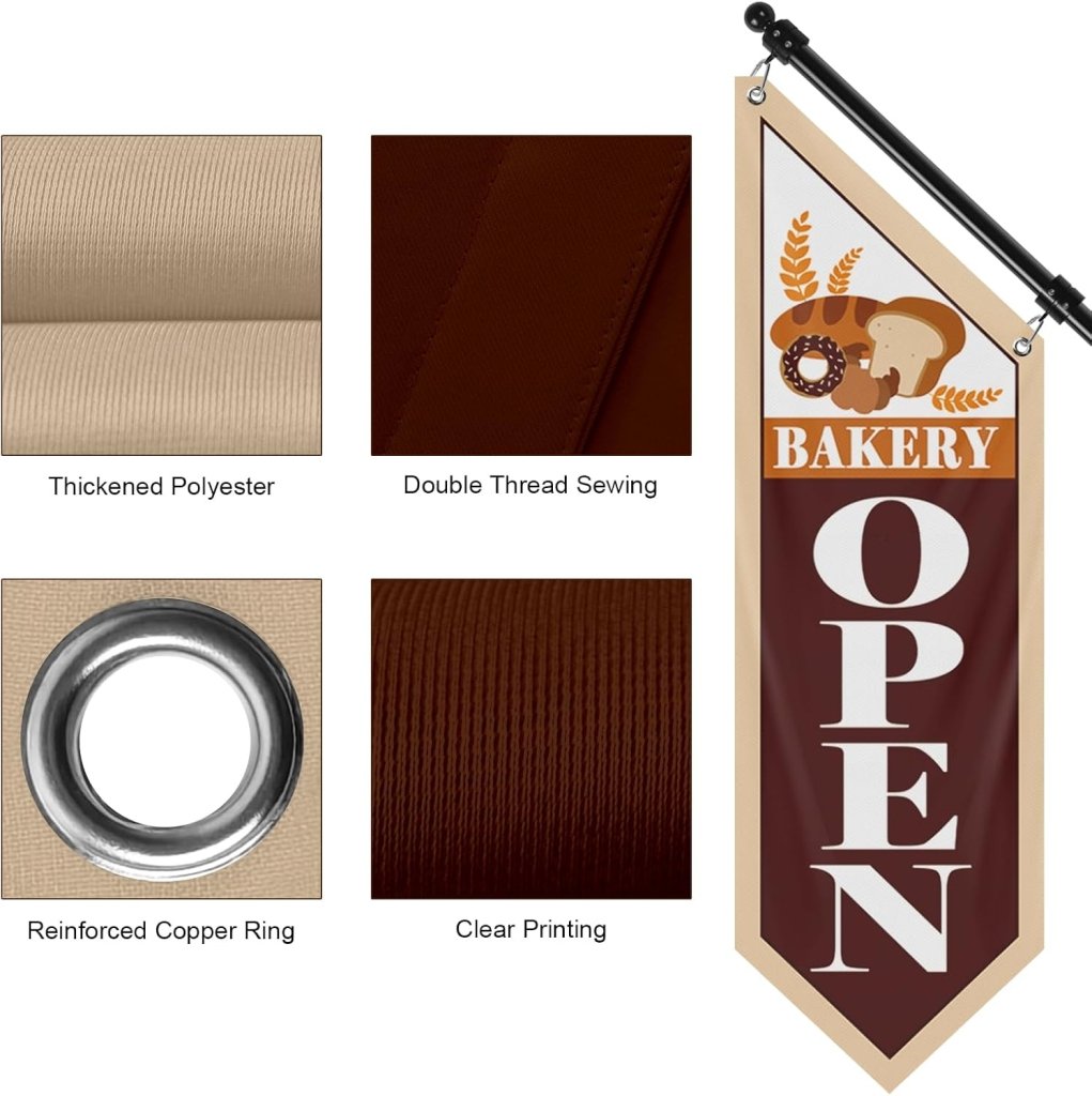 Bakery Open Flag, Double - Sided Three - ply Hanging Open Sign with Pole and Mounting Kit（Black - B）