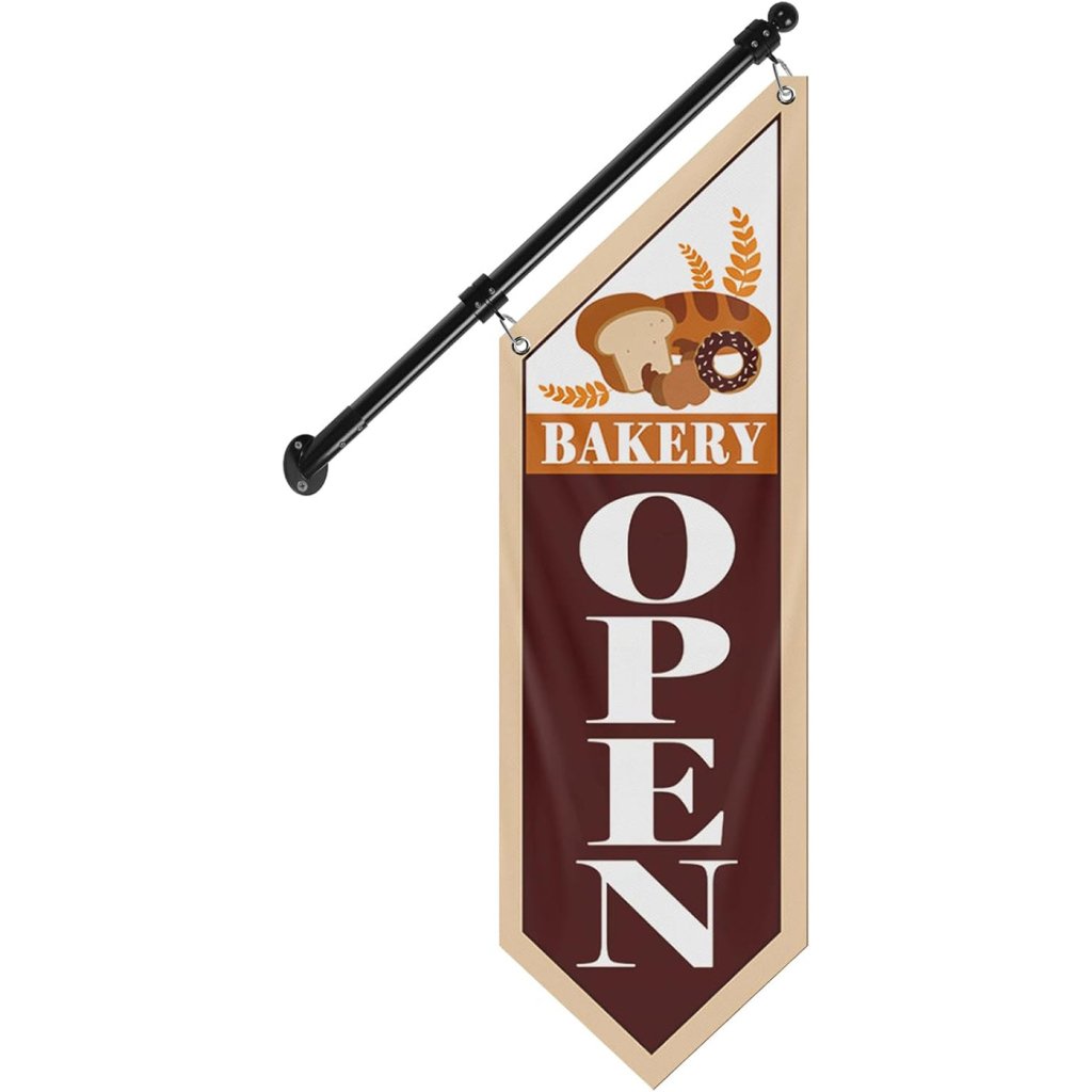 Bakery Open Flag, Double - Sided Three - ply Hanging Open Sign with Pole and Mounting Kit（Black - B）