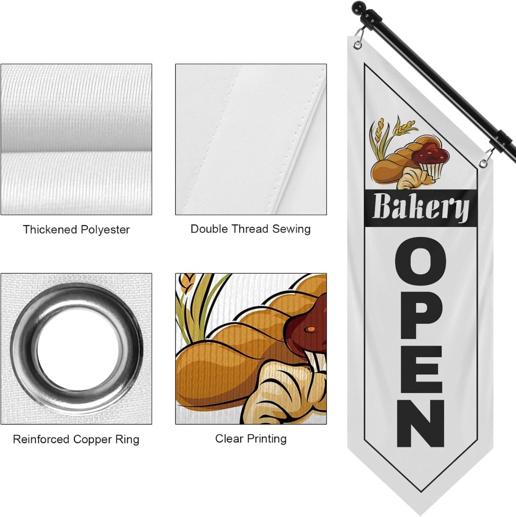 Bakery Open Flag, Double - Sided Three - ply Hanging Open Sign with Pole and Mounting Kit（White - B）