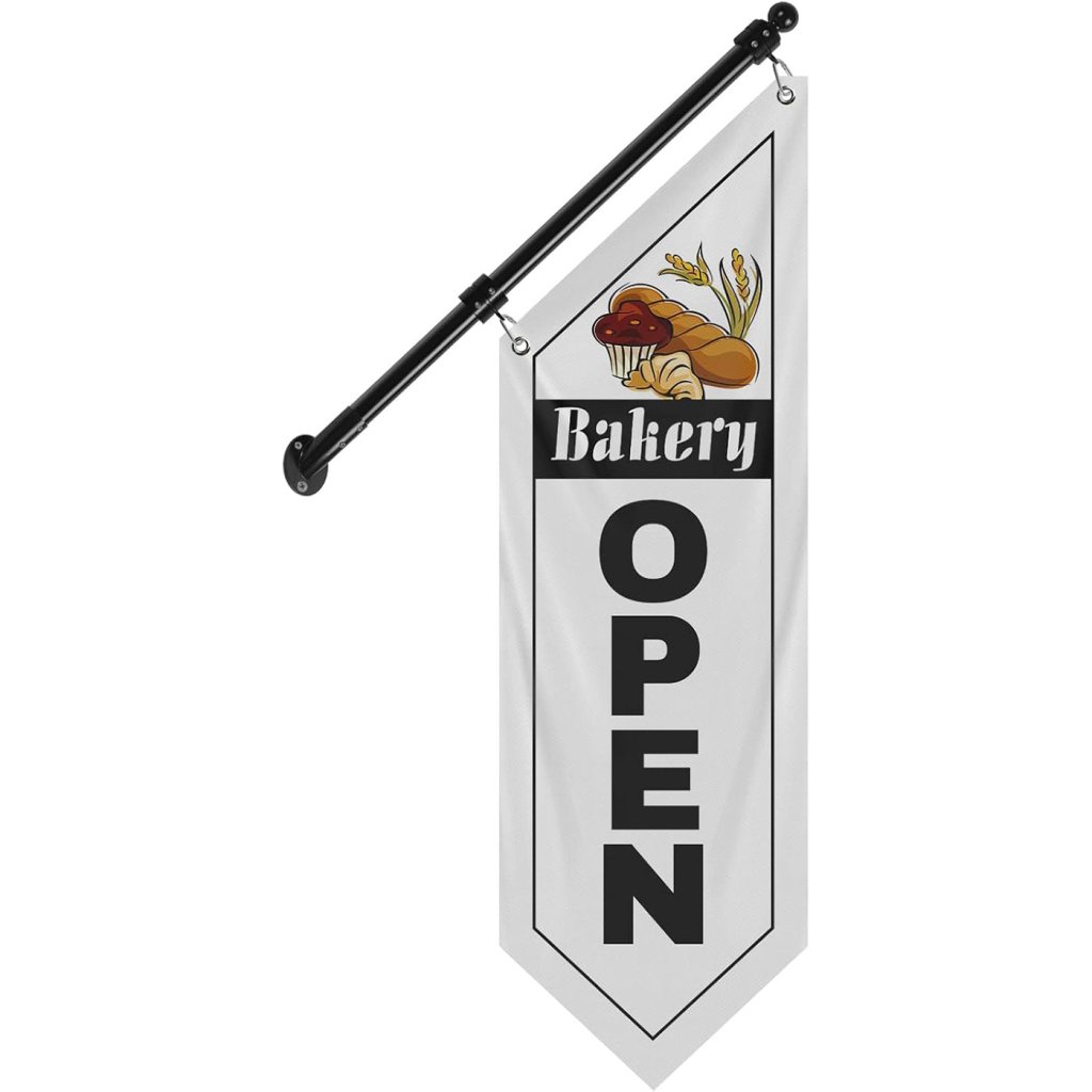 Bakery Open Flag, Double - Sided Three - ply Hanging Open Sign with Pole and Mounting Kit（White - B）
