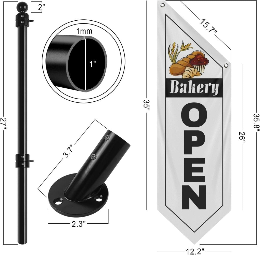 Bakery Open Flag, Double - Sided Three - ply Hanging Open Sign with Pole and Mounting Kit（White - B）