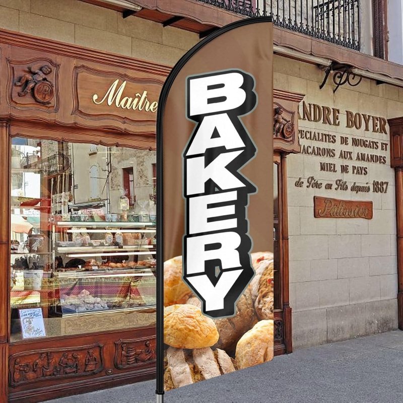Bakery Sign - 11FT Windless Bakery Feather Flag with Flagpole/ Ground Stake/Portable Bag(3.4m)