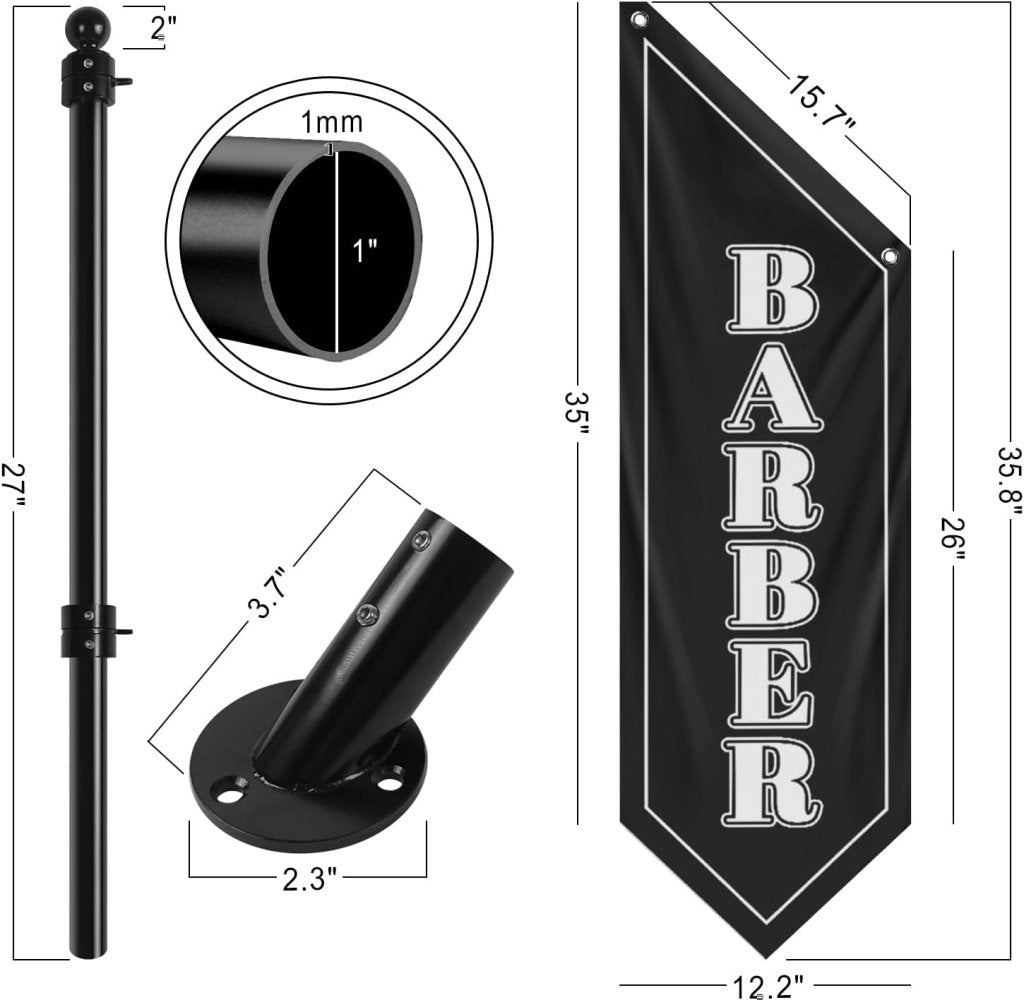 Barbershop Flag, Double - Sided Three - ply Hanging Open Sign with Pole and Mounting Kit（Black - B）