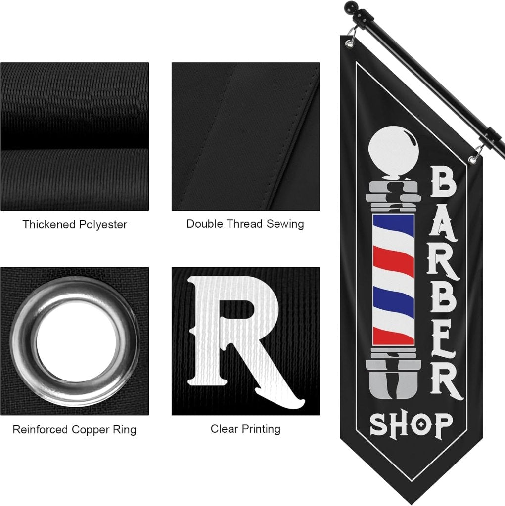 Barbershop Flag, Double - Sided Three - ply Hanging Open Sign with Pole and Mounting Kit（Black - B）