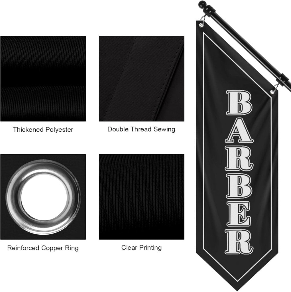 Barbershop Flag, Double - Sided Three - ply Hanging Open Sign with Pole and Mounting Kit（Black - B）