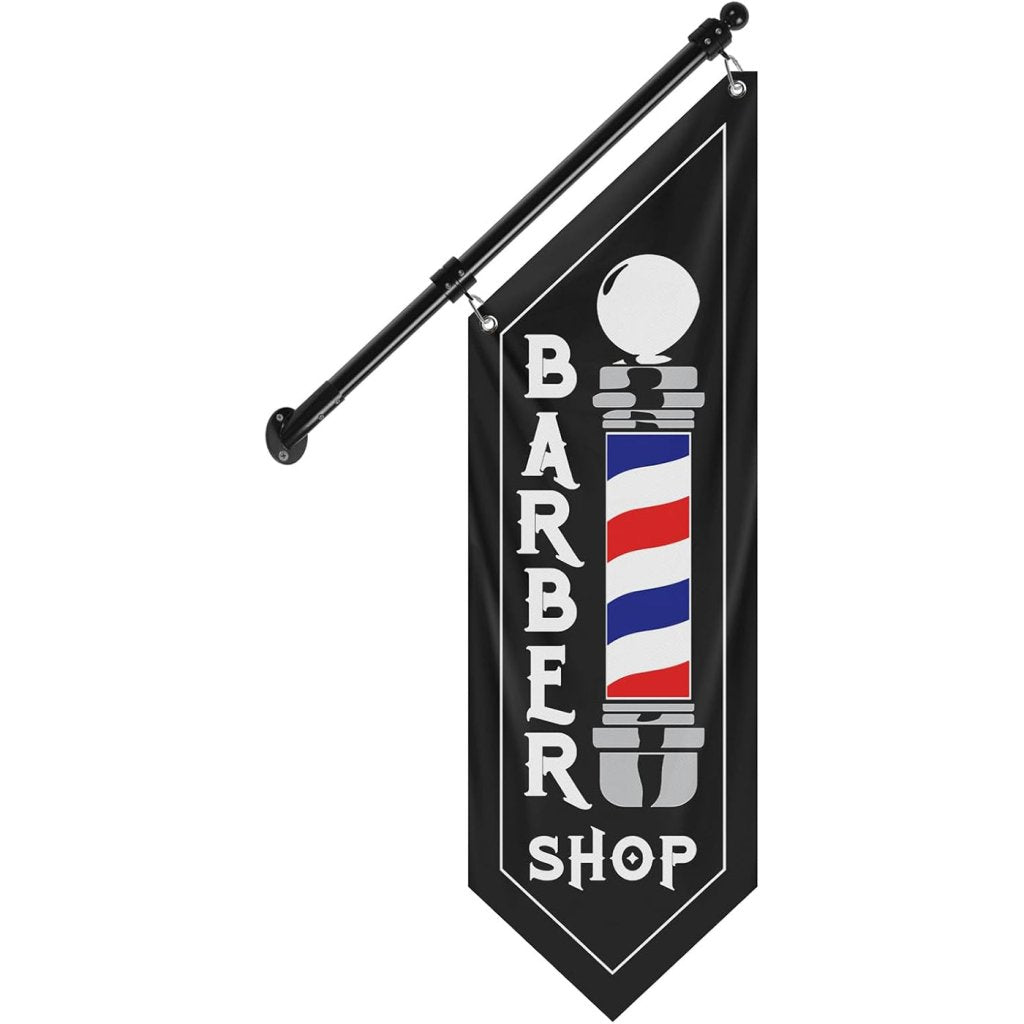Barbershop Flag, Double - Sided Three - ply Hanging Open Sign with Pole and Mounting Kit（Black - B）