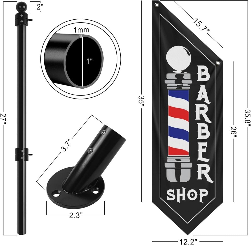 Barbershop Flag, Double - Sided Three - ply Hanging Open Sign with Pole and Mounting Kit（Black - B）