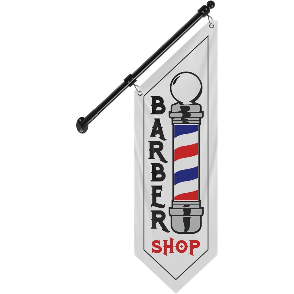 Barbershop Flag, Double - Sided Three - ply Hanging Open Sign with Pole and Mounting Kit（White - B）