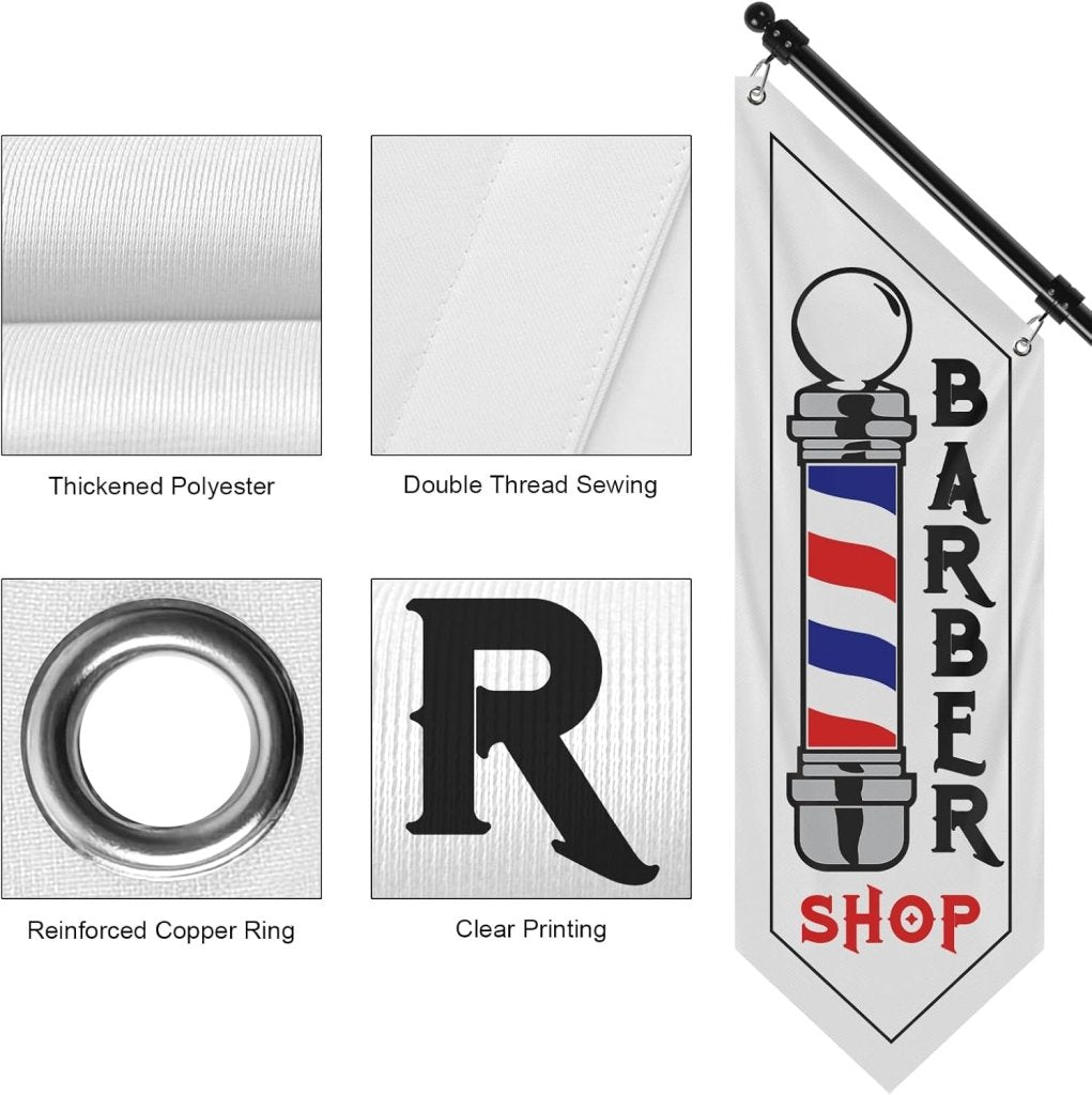 Barbershop Flag, Double - Sided Three - ply Hanging Open Sign with Pole and Mounting Kit（White - B）