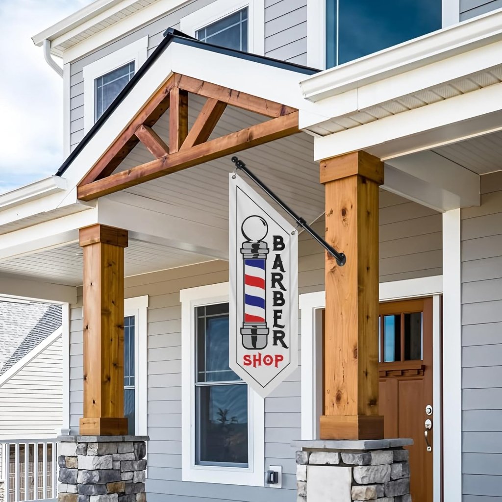 Barbershop Flag, Double - Sided Three - ply Hanging Open Sign with Pole and Mounting Kit（White - B）