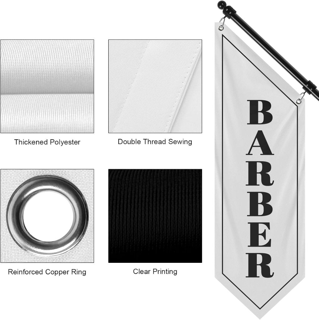 Barbershop Flag, Double - Sided Three - ply Hanging Open Sign with Pole and Mounting Kit（White - B）