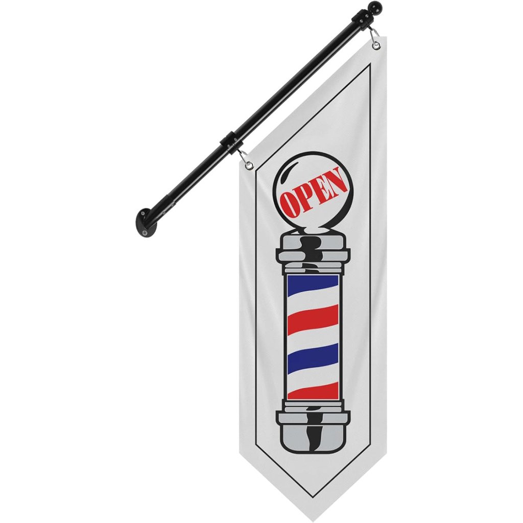 Barbershop Flag, Double - Sided Three - ply Hanging Open Sign with Pole and Mounting Kit（White - B）