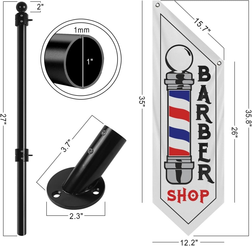 Barbershop Flag, Double - Sided Three - ply Hanging Open Sign with Pole and Mounting Kit（White - B）