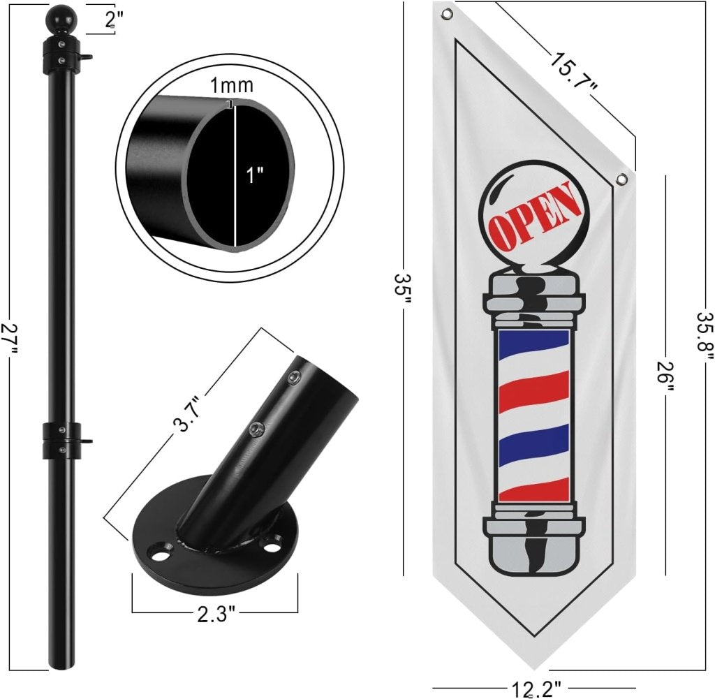 Barbershop Flag, Double - Sided Three - ply Hanging Open Sign with Pole and Mounting Kit（White - B）