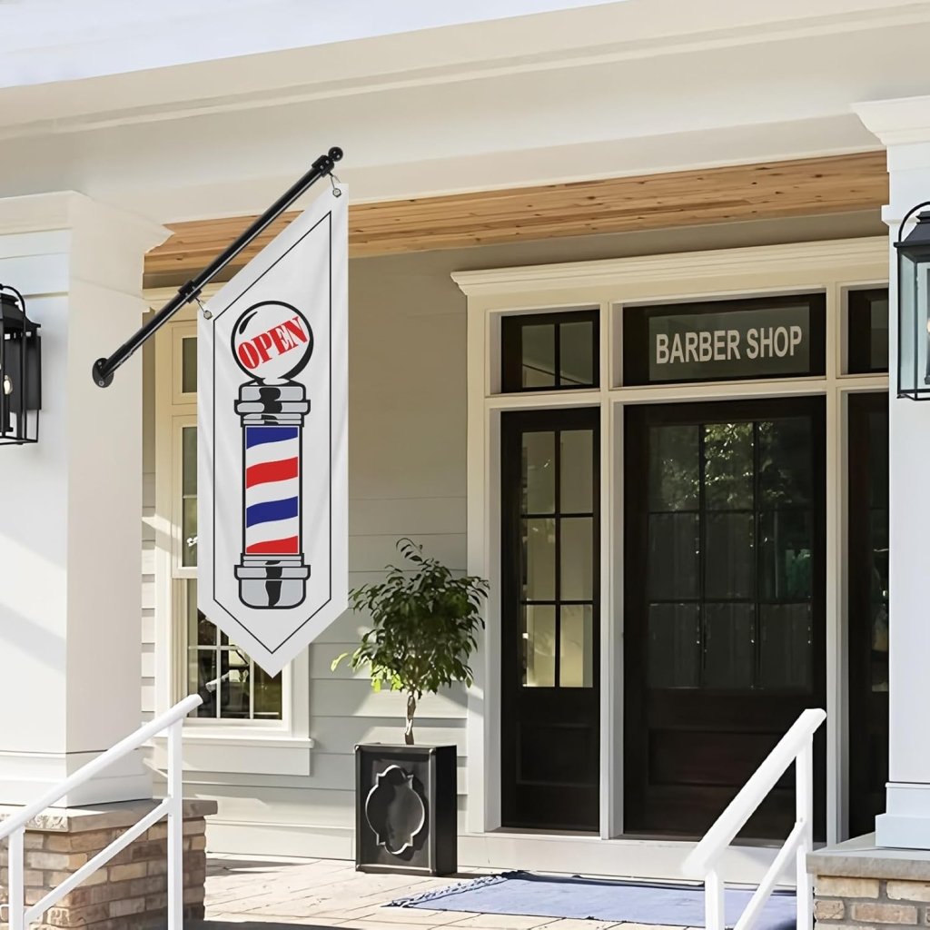 Barbershop Flag, Double - Sided Three - ply Hanging Open Sign with Pole and Mounting Kit（White - B）