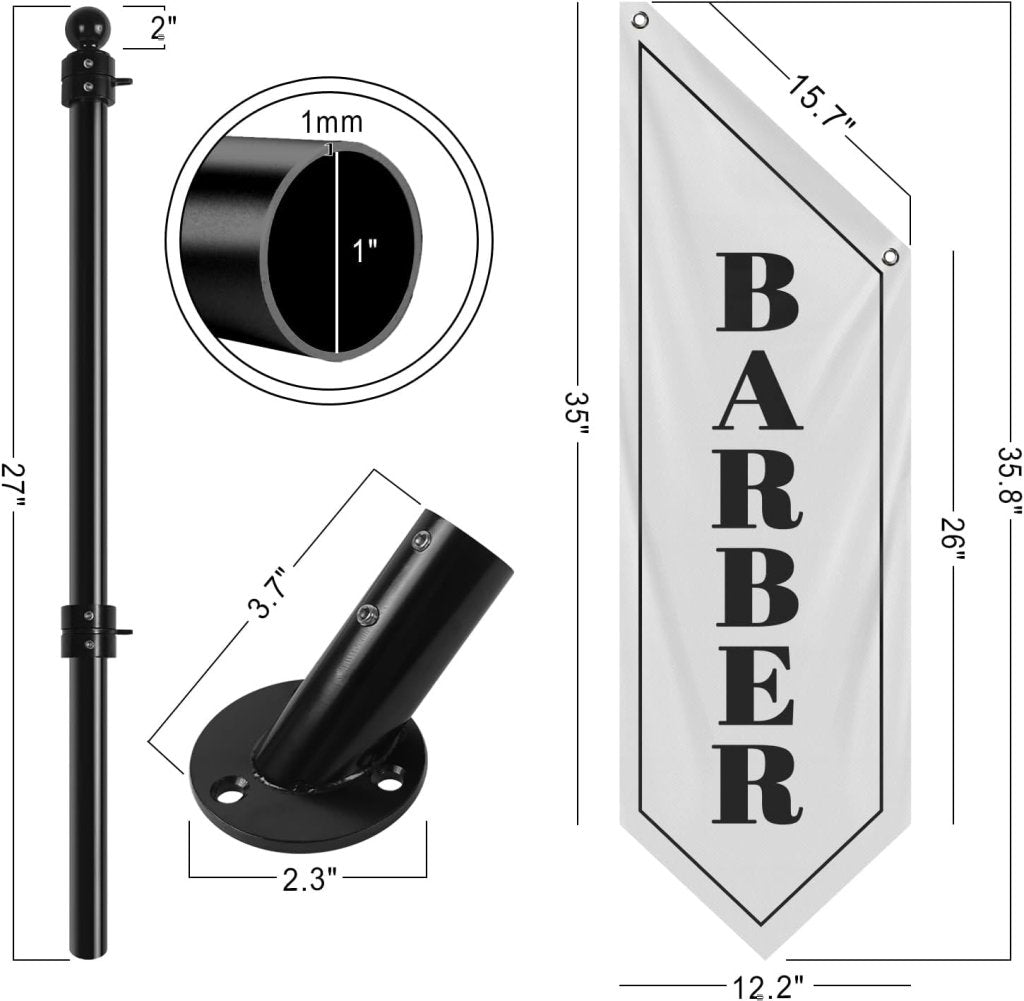 Barbershop Flag, Double - Sided Three - ply Hanging Open Sign with Pole and Mounting Kit（White - B）
