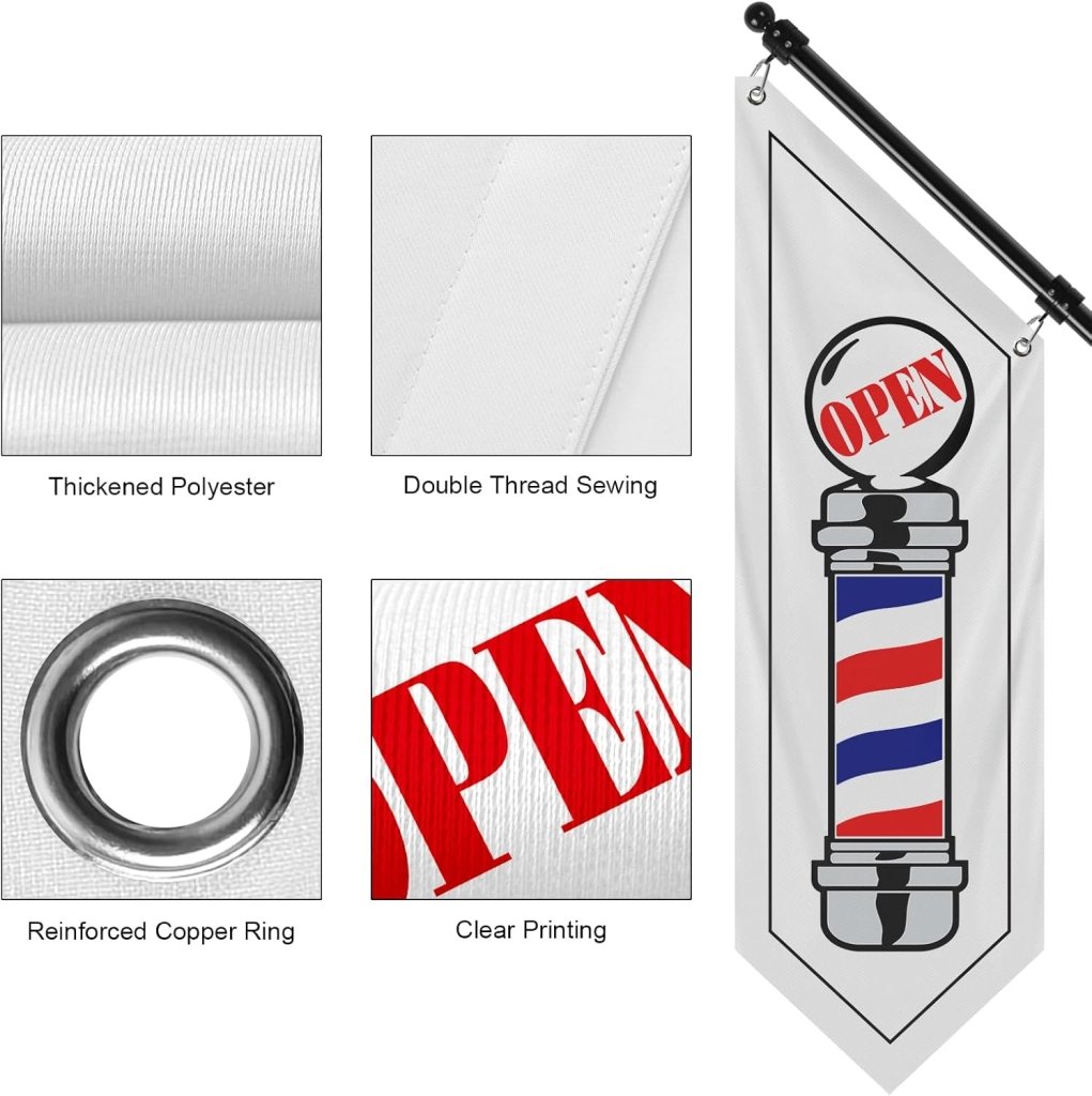 Barbershop Flag, Double - Sided Three - ply Hanging Open Sign with Pole and Mounting Kit（White - B）