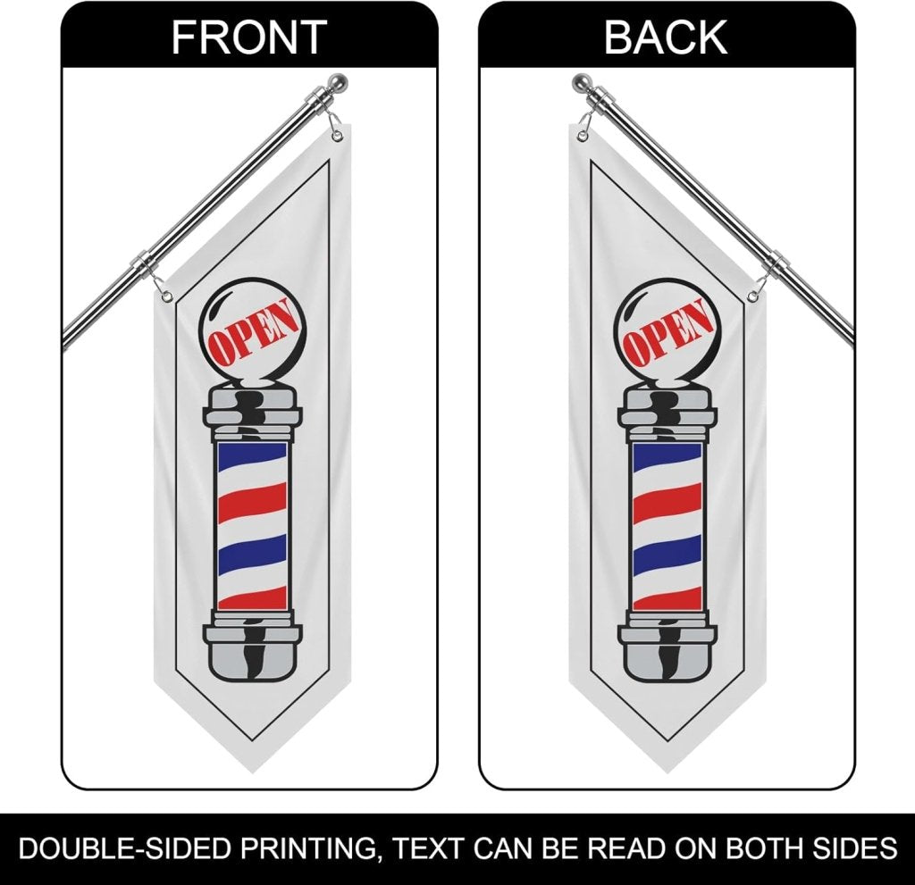 Barbershop Flag, Double - Sided Three - ply Hanging Open Sign with Pole and Mounting Kit（White - W）