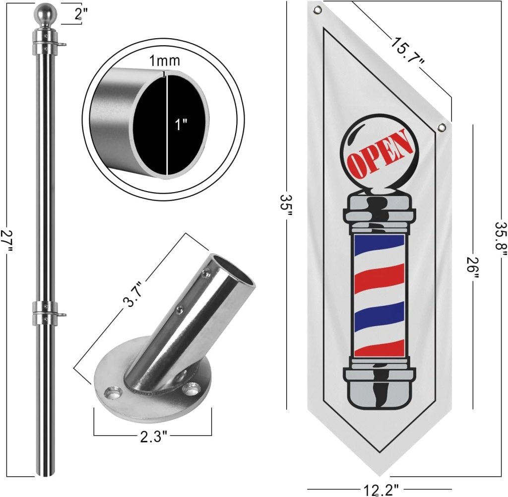 Barbershop Flag, Double - Sided Three - ply Hanging Open Sign with Pole and Mounting Kit（White - W）