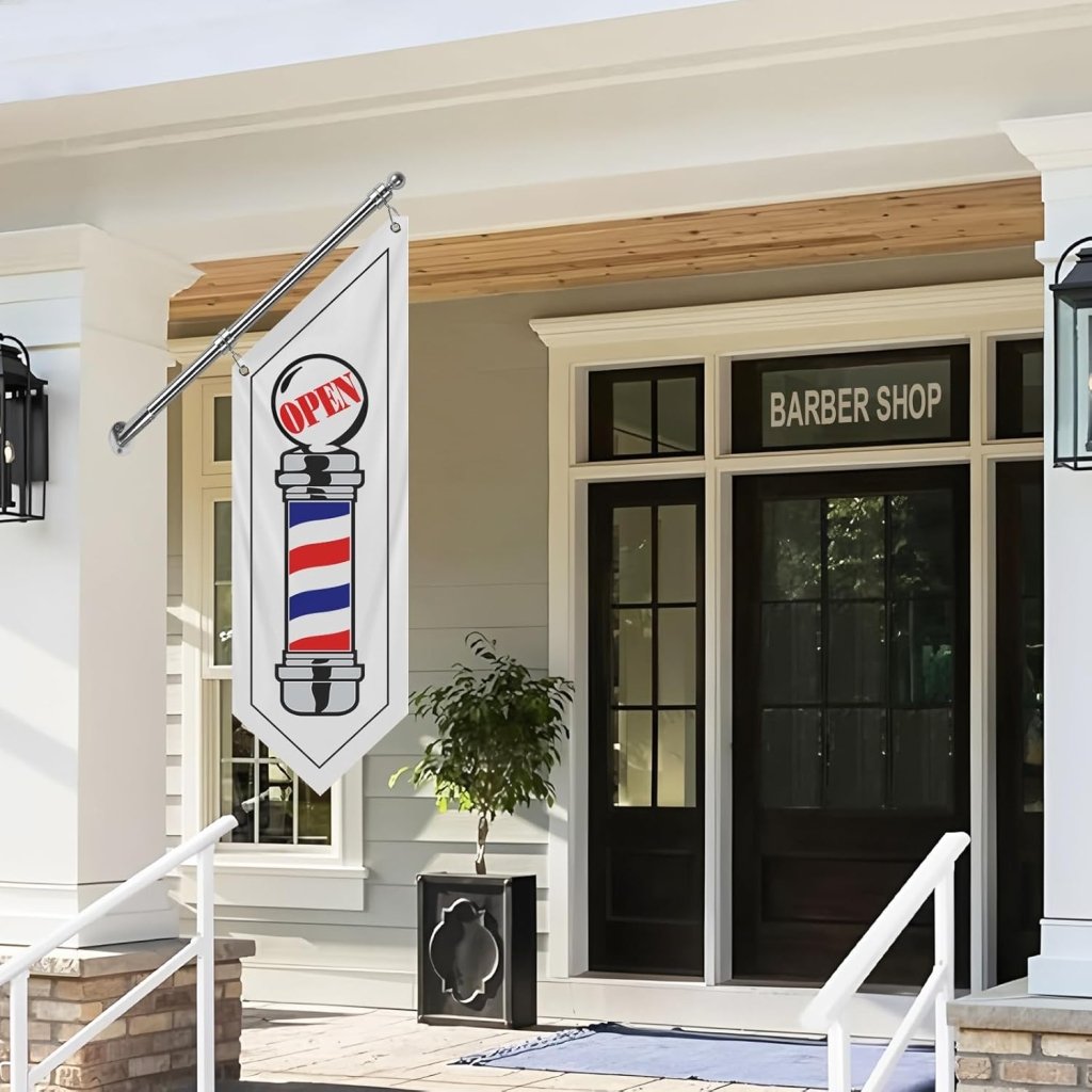 Barbershop Flag, Double - Sided Three - ply Hanging Open Sign with Pole and Mounting Kit（White - W）