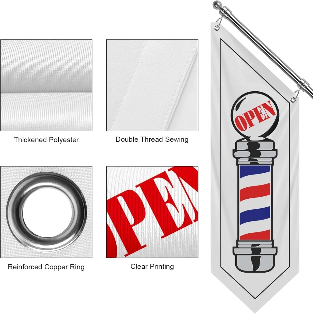 Barbershop Flag, Double - Sided Three - ply Hanging Open Sign with Pole and Mounting Kit（White - W）