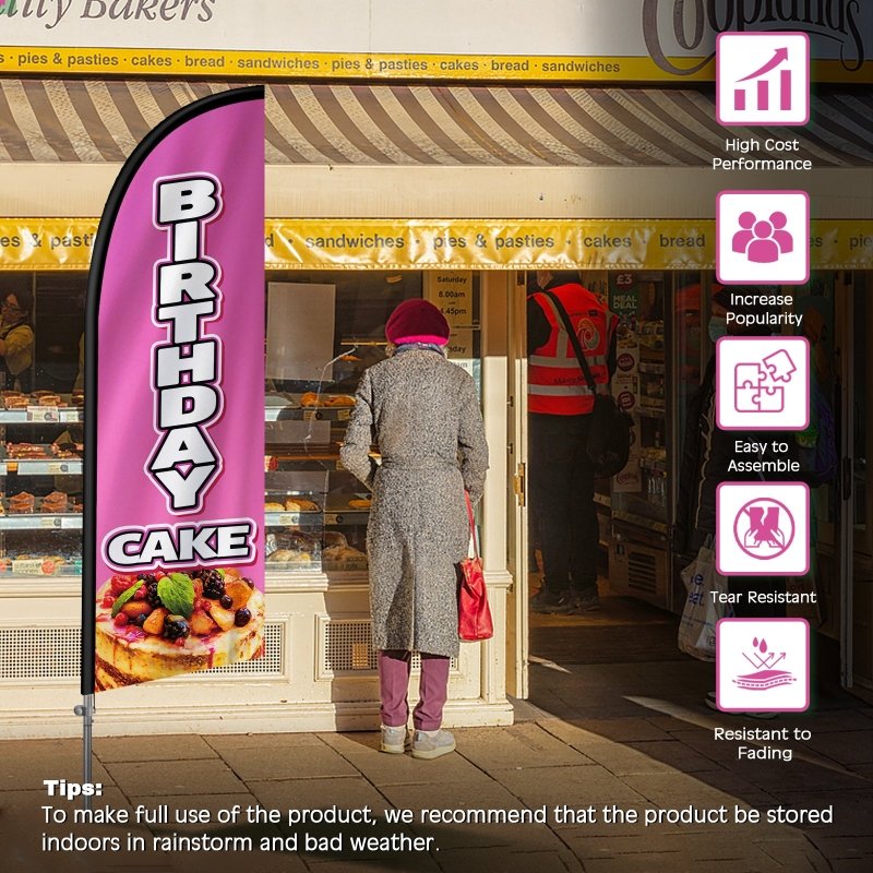 Birthday Cake Flag - 8FT Birthday Cake Feather Flag with Stainless Steel Pole Kit(2m flag set)