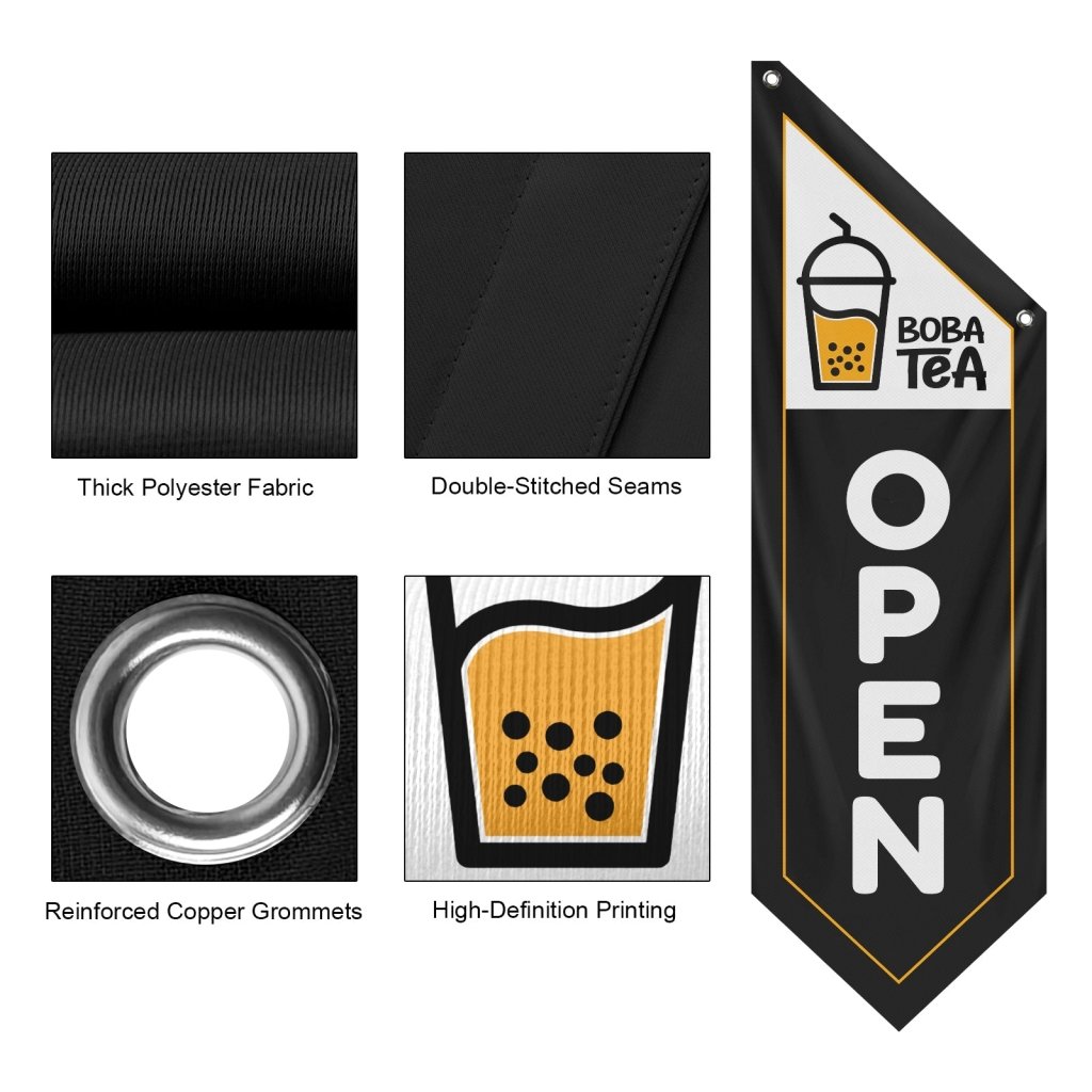 Boba Tea "Open" Vintage - Style Flag Banner (Flag Only) — Black