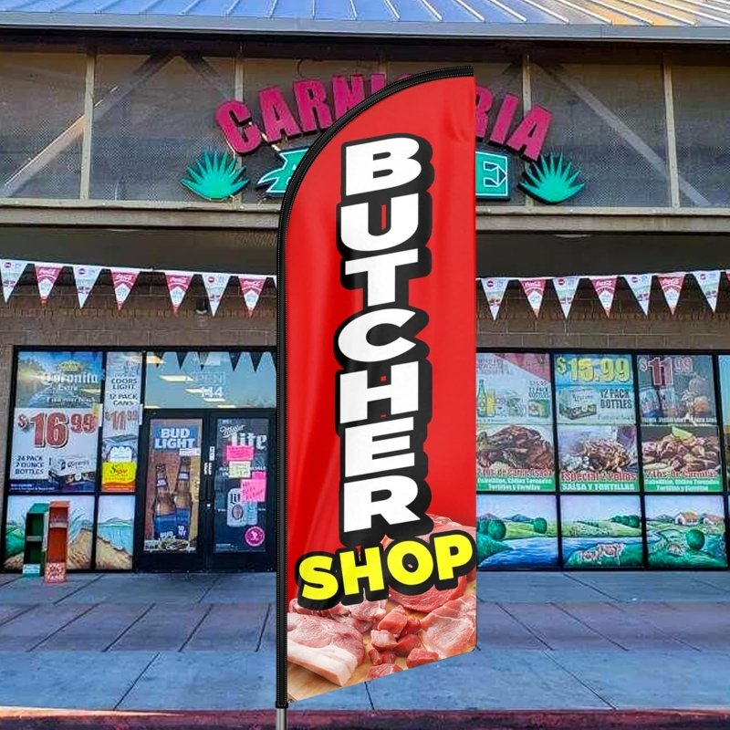 Butcher Shop Sign - 11FT Butcher Shop Polyester Swooper Flag with Flagpole/Ground Stake(3.4m)