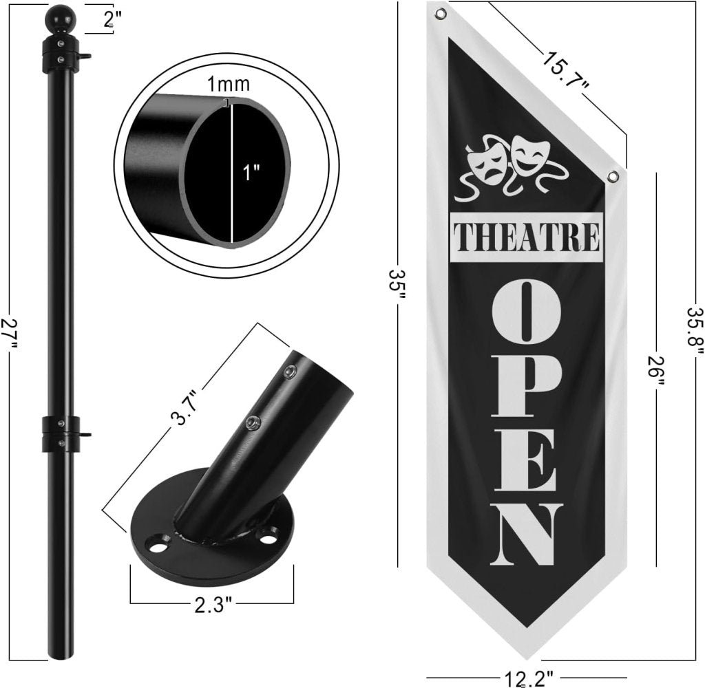Cafe Open Flag, Double - Sided Three - ply Hanging Open Sign with Pole and Mounting Kit (Black - B)