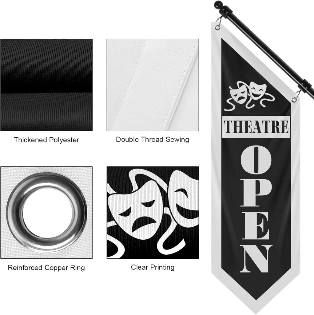 Cafe Open Flag, Double - Sided Three - ply Hanging Open Sign with Pole and Mounting Kit (Black - B)
