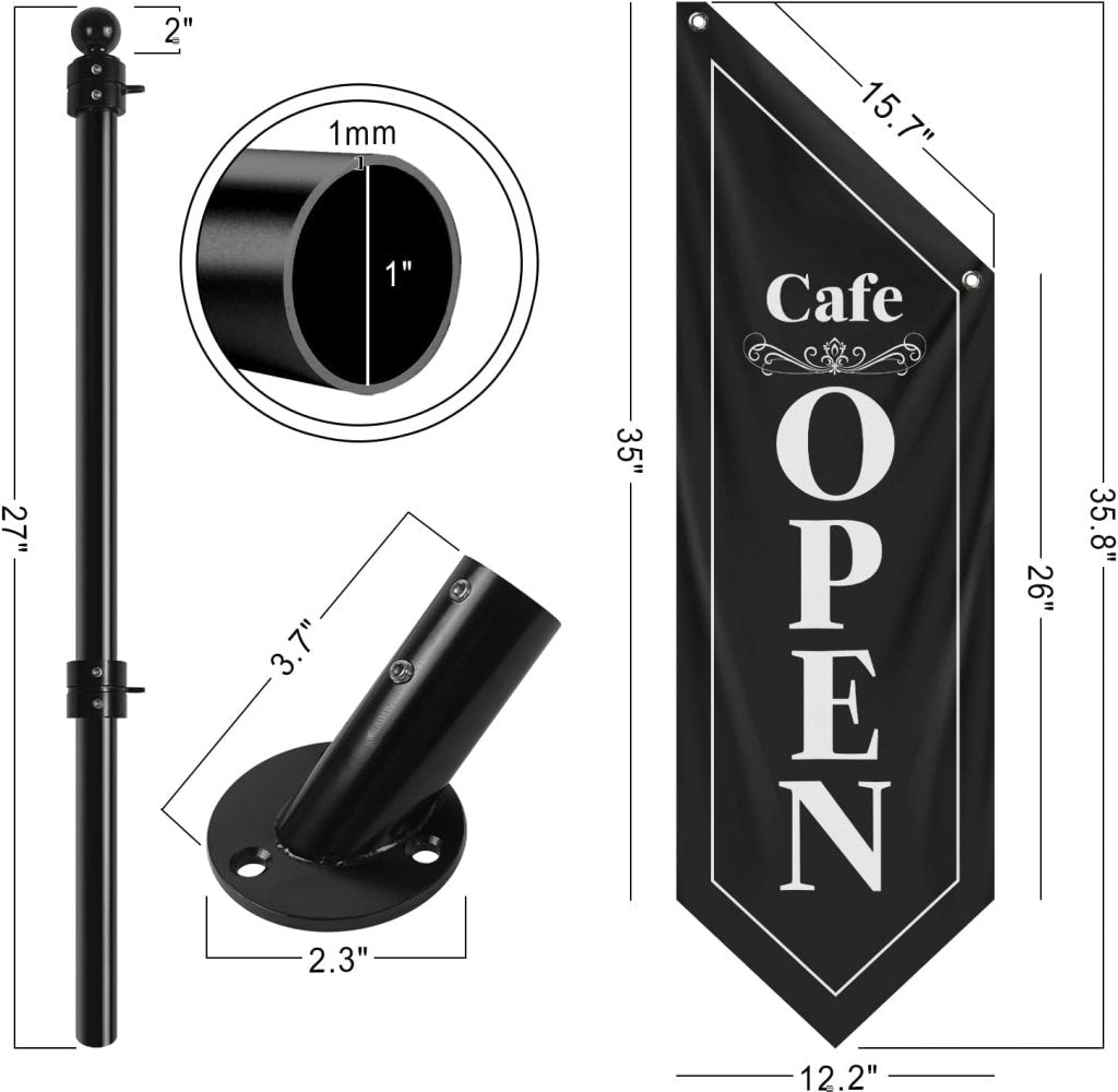 Cafe Open Flag, Double - Sided Three - ply Hanging Open Sign with Pole and Mounting Kit (Black - B )