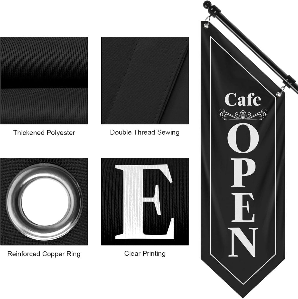 Cafe Open Flag, Double - Sided Three - ply Hanging Open Sign with Pole and Mounting Kit (Black - B )