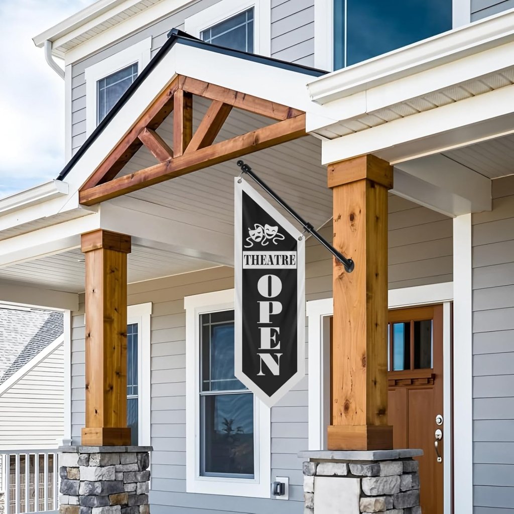 Cafe Open Flag, Double - Sided Three - ply Hanging Open Sign with Pole and Mounting Kit (Black - B)