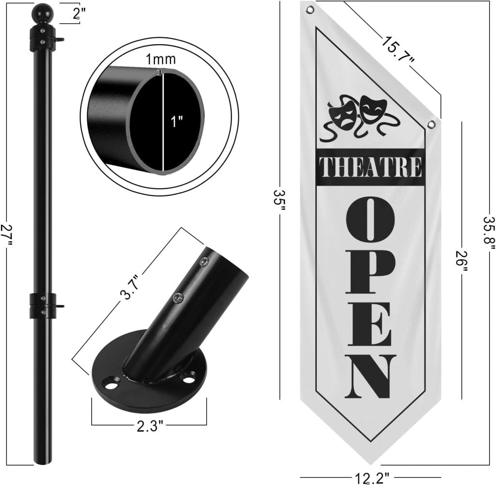 Cafe Open Flag, Double - Sided Three - ply Hanging Open Sign with Pole and Mounting Kit (White - B)