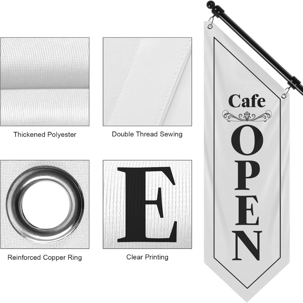Cafe Open Flag, Double - Sided Three - ply Hanging Open Sign with Pole and Mounting Kit (White - B)