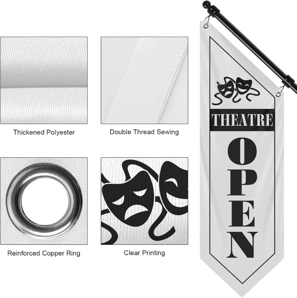 Cafe Open Flag, Double - Sided Three - ply Hanging Open Sign with Pole and Mounting Kit (White - B)