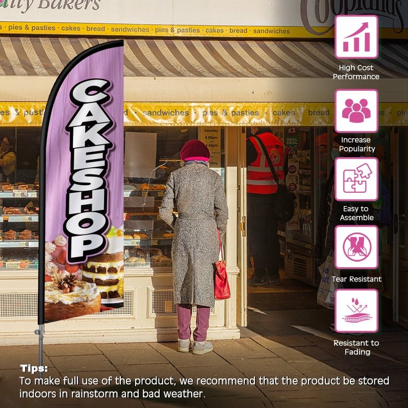 Cake Sign - 8FT Cakeshop Banner Feather Flag with Stainless Steel Pole Kit(2m flag set)