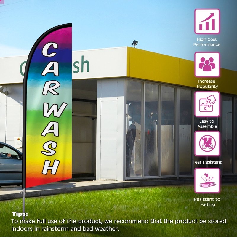 Car Wash Flags - 8FT Carwash Banner Feather Flag with Stainless Steel Pole Kit(2m flag set)