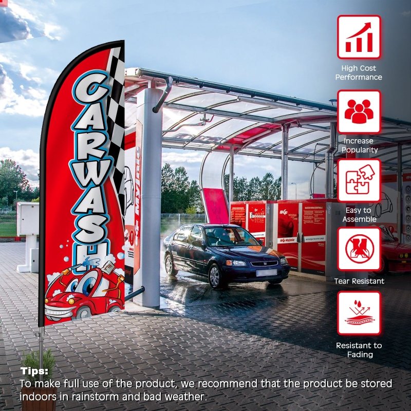 Car Wash Flags - 8FT Sports Carwash Banner Feather Flag with Stainless Steel Pole Kit(2m flag set)